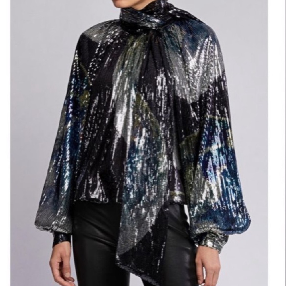Ganni Sequin Mesh High Neck Tie Blouse S 36